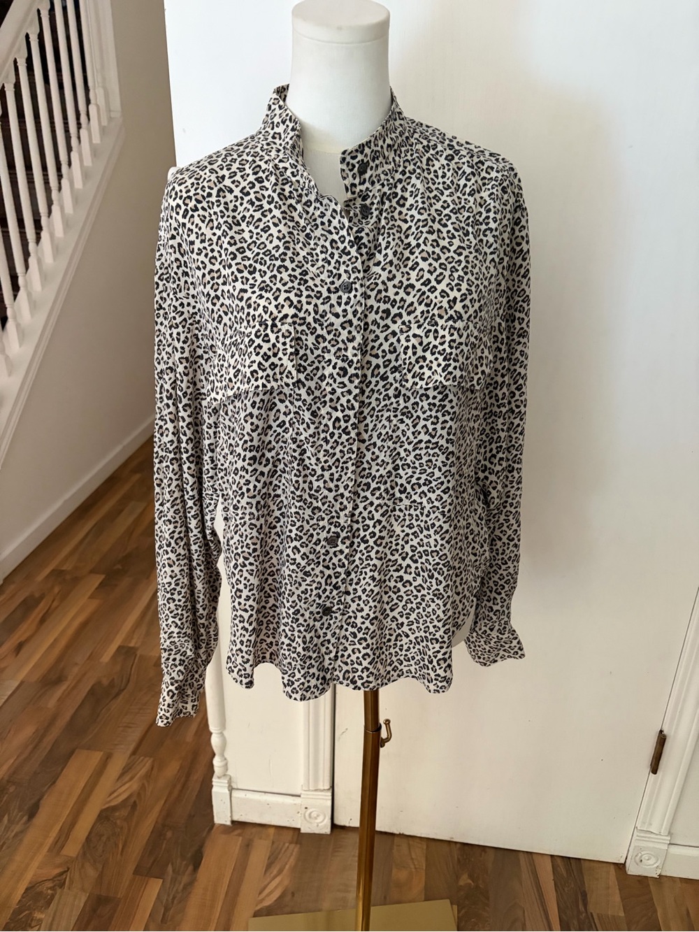 Frame Leopard Print Button-Down Silk Blouse - Black on Cream, Medium